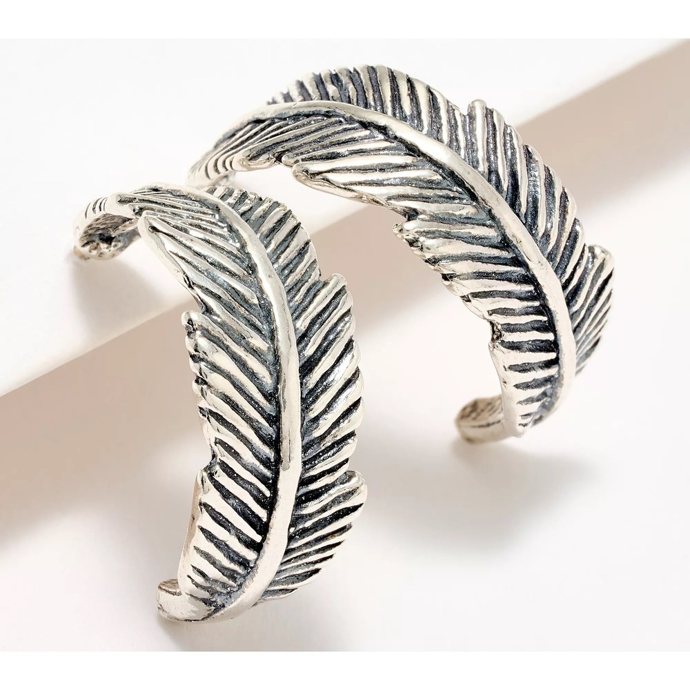 Or Paz Sterling Silver Leaf Hoop Earrings Israel Oxidized Textured J-Hoops 925
